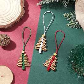 3Pcs Christmas Tree Glass Seed Beaded Pendant Decorations, with Nylon Thread