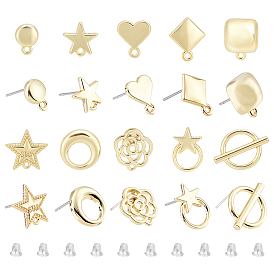 40 piezas 10 hallazgos para aretes de aleación de estilo, con bucle y pasador de acero, con funda protectora de plástico, 50 Uds tuercas de oreja de plástico, estrella y flor y corazón y plano redondo y anillo y cuadrado