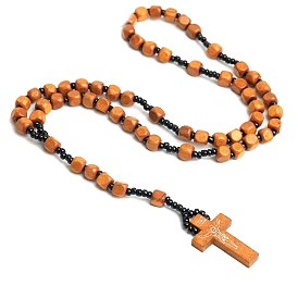 Wood Corss with Jesus Pendant Necklaces, Rosary Bead Necklaces for Women