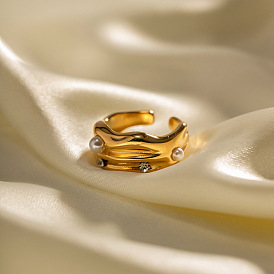 18k gold-plated C-shaped inlaid pearl open ring non-fading all-match stainless steel ring