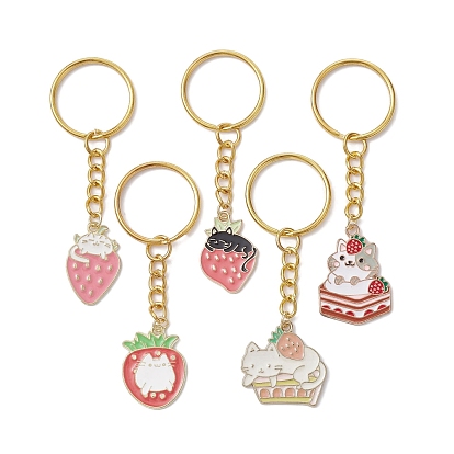 Strawberry Cat Alloy Enamel Pendant Keychain, with Iron Keychain Ring