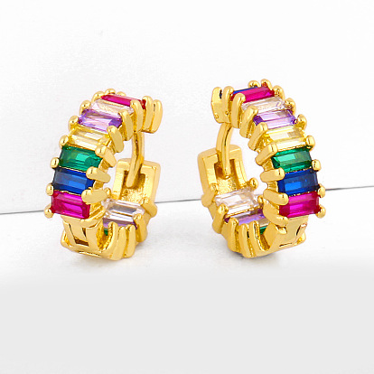 Colorful Zircon Round Earrings with Geometric C-shaped Studs and Micro-inlaid Colorful Zircons.