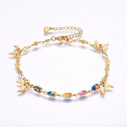 304 de acero inoxidable de las pulseras del encanto, Con broches de garra de langosta y esmalte, luna