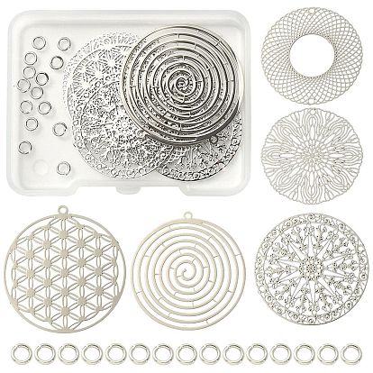 10Pcs 5 Style Brass Filigree Pendants, with 15Pcs Brass Jump Rings, Flat Round with Flower