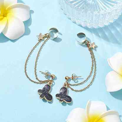 6 Pairs 6 Colors Light Gold 304 Stainless Steel Cuff Earring Chains, Star & Butterfly Alloy Enamel Dangle Stud Earrings Crawler Earrings