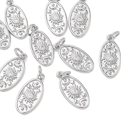 SHEGRACE Brass Clear Cubic Zirconia Pendants, Oval with Sun Charms, Cadmium Free & Lead Free & Nickel Free