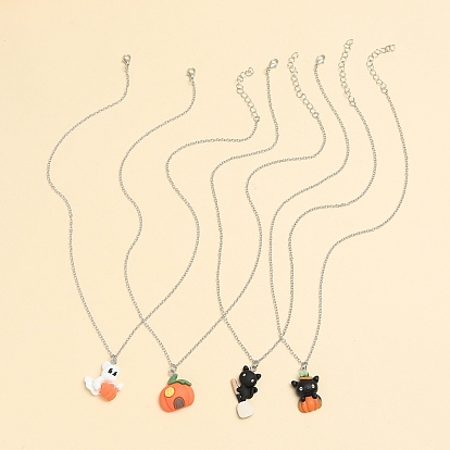 5Pcs 5 Style Halloween Ghost & Pumpkin & Cat Resin Pendant Necklaces Set for Women