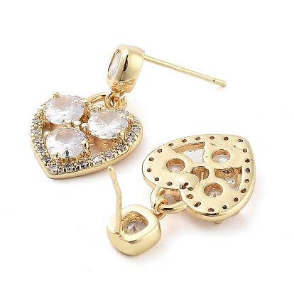 Brass with Glass Dangle Stud Earrings, Heart