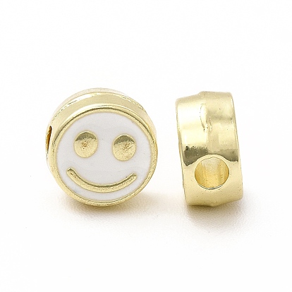 Rack Plating Alloy Enamel Beads, Cadmium Free & Nickel Free & Lead Free, Flat Round with Smiling Face Pattern