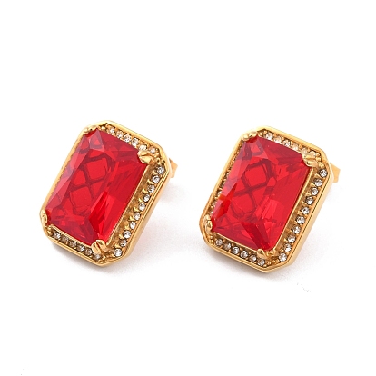 Rectangle Rhinestone Stud Earrings for Women, Ion Plating(IP), Golden