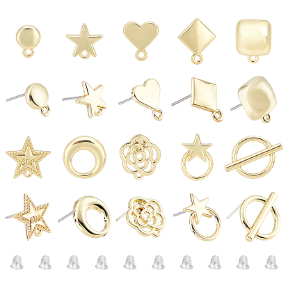 40 piezas 10 hallazgos para aretes de aleación de estilo, con bucle y pasador de acero, con funda protectora de plástico, 50 Uds tuercas de oreja de plástico, estrella y flor y corazón y plano redondo y anillo y cuadrado