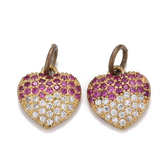 Brass Micro Pave Medium Violet Red & Clear Cubic Zirconia Charms, with Jump Ring, Heart