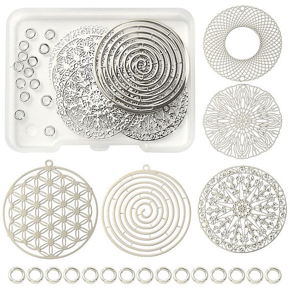 10Pcs 5 Style Brass Filigree Pendants, with 15Pcs Brass Jump Rings, Flat Round with Flower