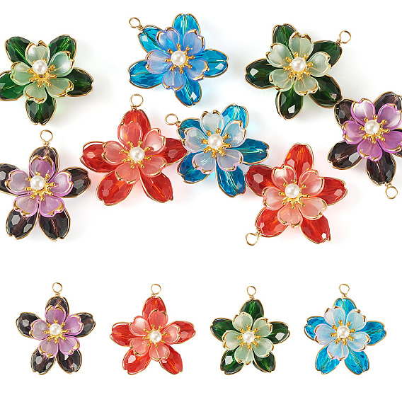 8 шт 4 цвета стеклянные подвески, цветок, с медной проволокой и акрилом, граненые