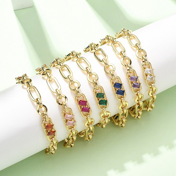 Браслет-цепочка из латуни в виде кольца и скрепки с микропаве из кубического циркония для женщин., реальный 18 k позолоченный, без кадмия и без свинца, стойки покрытие, долговечный