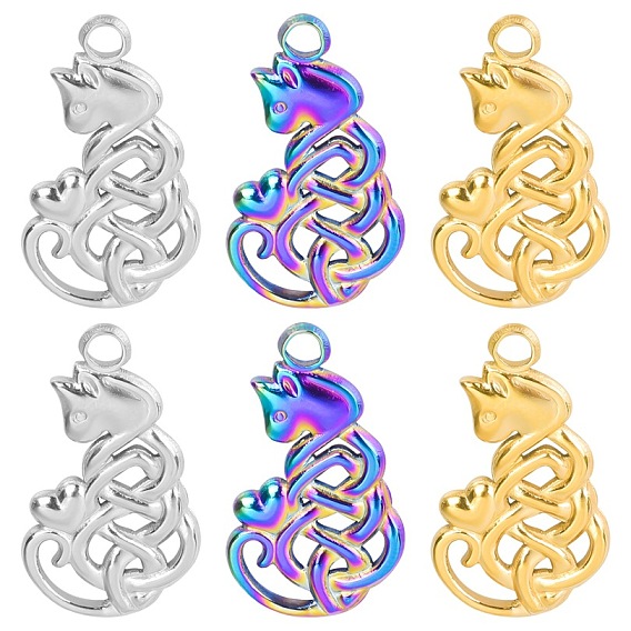 201 Stainless Steel Pendants, Cat with Heart Charm