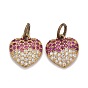 Brass Micro Pave Medium Violet Red & Clear Cubic Zirconia Charms, with Jump Ring, Heart