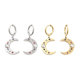 Moon 304 Stainless Steel Dangle Earrings, ABS Plastic Pearl and Rhinestone Hoop Earrings for Women