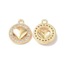Brass Micro Pave Cubic Zirconia Pendants, Flat Round with Heart