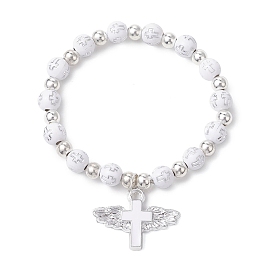 Plating Acrylic Stretch Bracelets, with Plastic Beads and Plastic Enamel Pendants, Cross with Wings