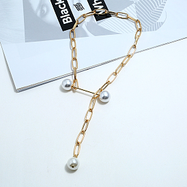 Fashionable Iron Paperclip Chains Necklaces, Plastic Imitation Pearl Lariat Necklaces for Women