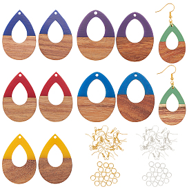 Kits de fabricación de pendientes colgantes de bricolaje, 12 piezas 6 colores colgantes de resina y madera, dos tonos, lágrima, 28 piezas 2 ganchos de latón para aretes de colores y anillos de salto estilo 28 piezas 2