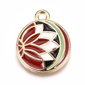 Alloy Pendants, with Enamel, Flat Round with Lotus, Colorful