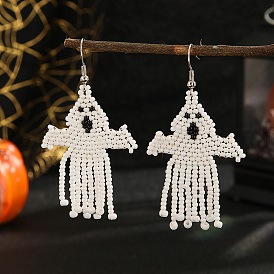 White Ghost Pattern Glass Bead Tassel Earrings for Halloween Style