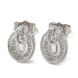 Brass Rhinestone Stud Earrings with Glass, Hollow Oval