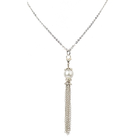 Glass Pearl Round Bead with Iron Cable Chain Tassel Pendant Necklaces for Women, White