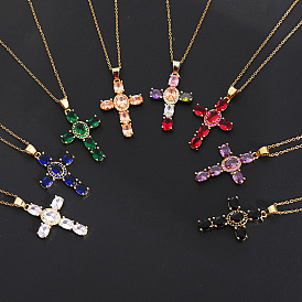 Colorful Cross Pendant Collarbone Necklace with Copper Micro-inlaid Zircon Stone Jewelry