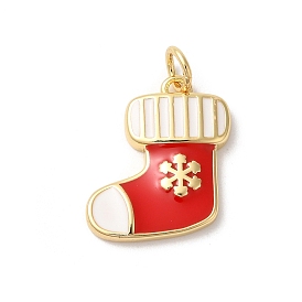 Christmas Rack Plating Brass Enamel Pendants, with Jump Ring, Long-Lasting Plated, Cadmium Free & Lead Free, Christmas Socking Charm, Real 18K Gold Plated