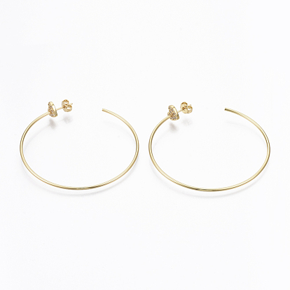 Brass Micro Pave Clear Cubic Zirconia Stud Dangle Earrings, Half Hoop Earrings, with Earring Backs, Nickel Free, Heart