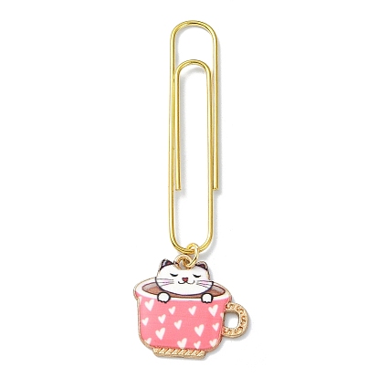 Cup with Cat Alloy Enamel Pendant Bookmarks, Iron Long Paper Clips