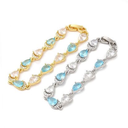 Glass Teardrop with Cubic Zirconia Link Chain Bracelet, Brass Bracelet, Lead Free & Cadmium Free
