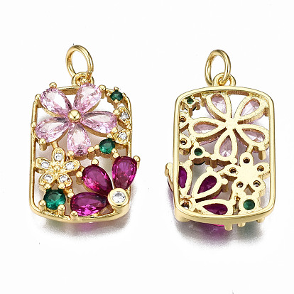 Brass Micro Pave Cubic Zirconia Pendants, with Jump Rings, Nickel Free, Real 16K Gold Plated, Flower
