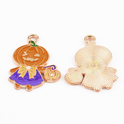 Light Gold Tone Alloy Enamel Pendants, Cadmium Free & Lead Free, Halloween, Pumpkin Jack-O'-Lantern