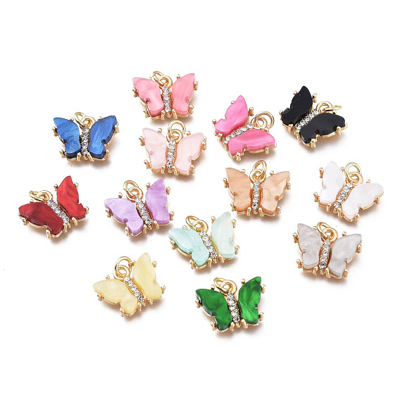 Brass Micro Pave Clear Cubic Zirconia Pendants, with Resin and Jump Rings, Long-Lasting Plated, Butterfly Shape, Flower Pattern on Back, Golden
