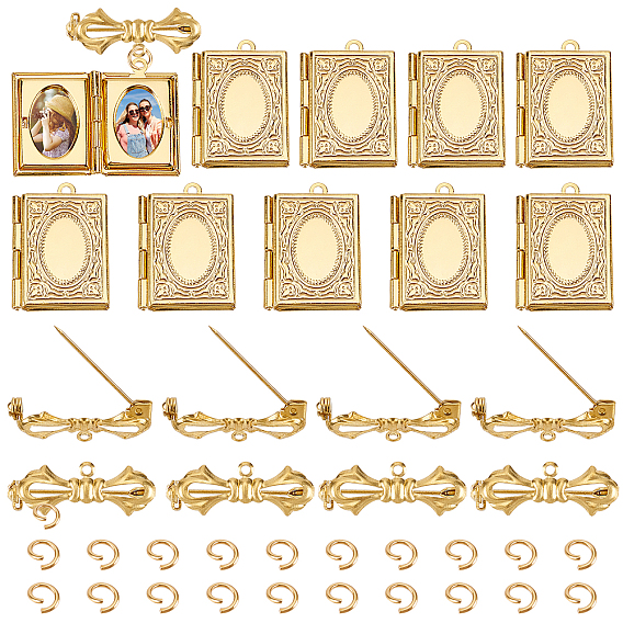 Наборы для самостоятельного изготовления броши-медальона в форме книги, в том числе подвески-медальоны из латуни с диффузором и фурнитура для брошей