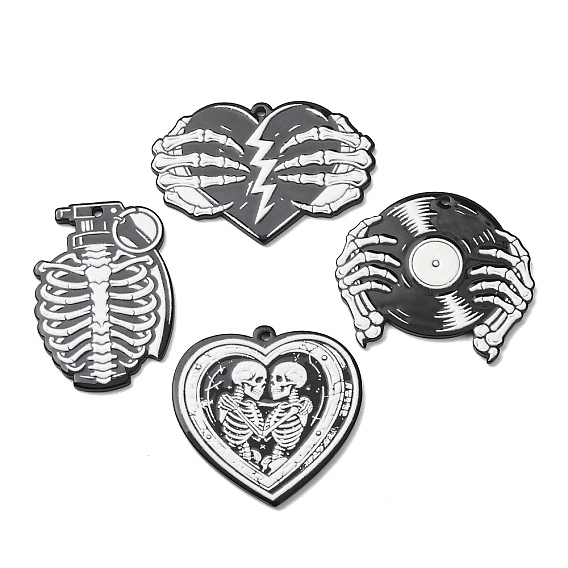 Halloween Embossed Single Face Printed Acrylic Pendants, Mixed Shape Skull Charms