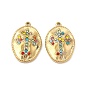 Vacuum Plating 201 Stainless Steel with Rhinestone Pendants, Real 18K Gold Plated, Oval with Cross Pattern Charms