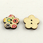2-Hole Flower Pattern Printed Wooden Buttons, Mixed Color