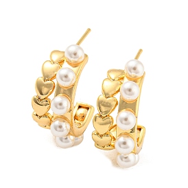 Rack Plating Brass Heart Stud Earrings with Plastic Pearl, Split Earrings, Long-Lasting Plated, Lead Free & Cadmium Free