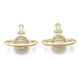 Brass Micro Pave Clear Cubic Zirconia Charms, Nickel Free, Planet