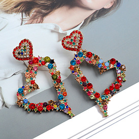 Exaggerated Heart-shaped Metal Hollow-out Inlaid Colorful Crystal Earrings for Wedding and Fashion, Personality and Versatile Ear Jewelry