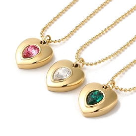 Vacuum Plating 304 Stainless Steel Ball Chain Necklaces, Rhinestone Heart Pendant Necklaces