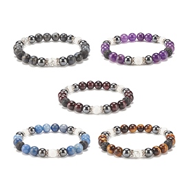Natural Gemstone & Lava Rock & Howlite & Synthetic Hematite Round Beaded Stretch Bracelet, Gemstone Jewelry for Women