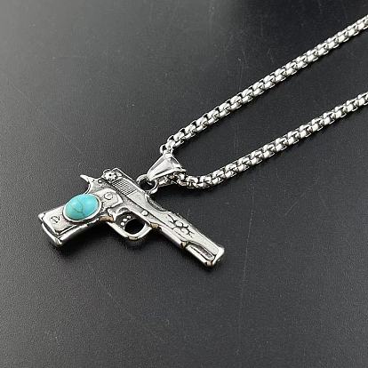 Ожерелья с подвеской в форме пистолета в стиле панк-этнизма из нержавеющей стали, с синтетическими бирюзовый