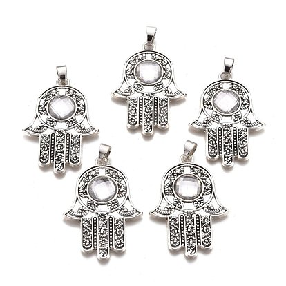 Pendentifs en alliage de style tibétain, avec de l'acrylique, main hamsa/main de miriam, argent antique