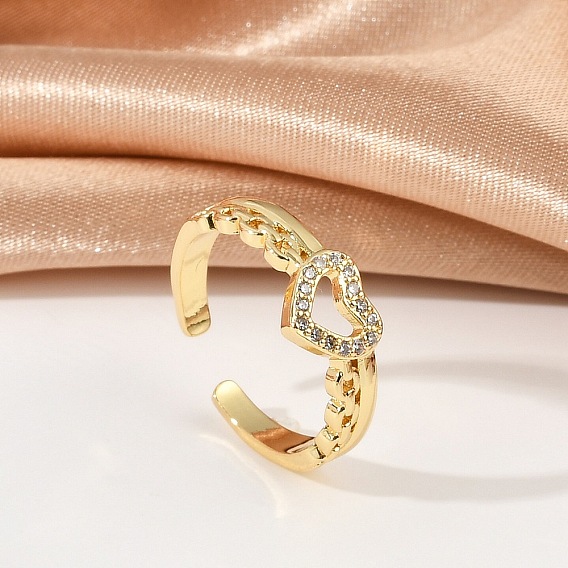 Открытые манжеты для женщин из латуни с микро-паве в форме сердца и прозрачным цирконием
